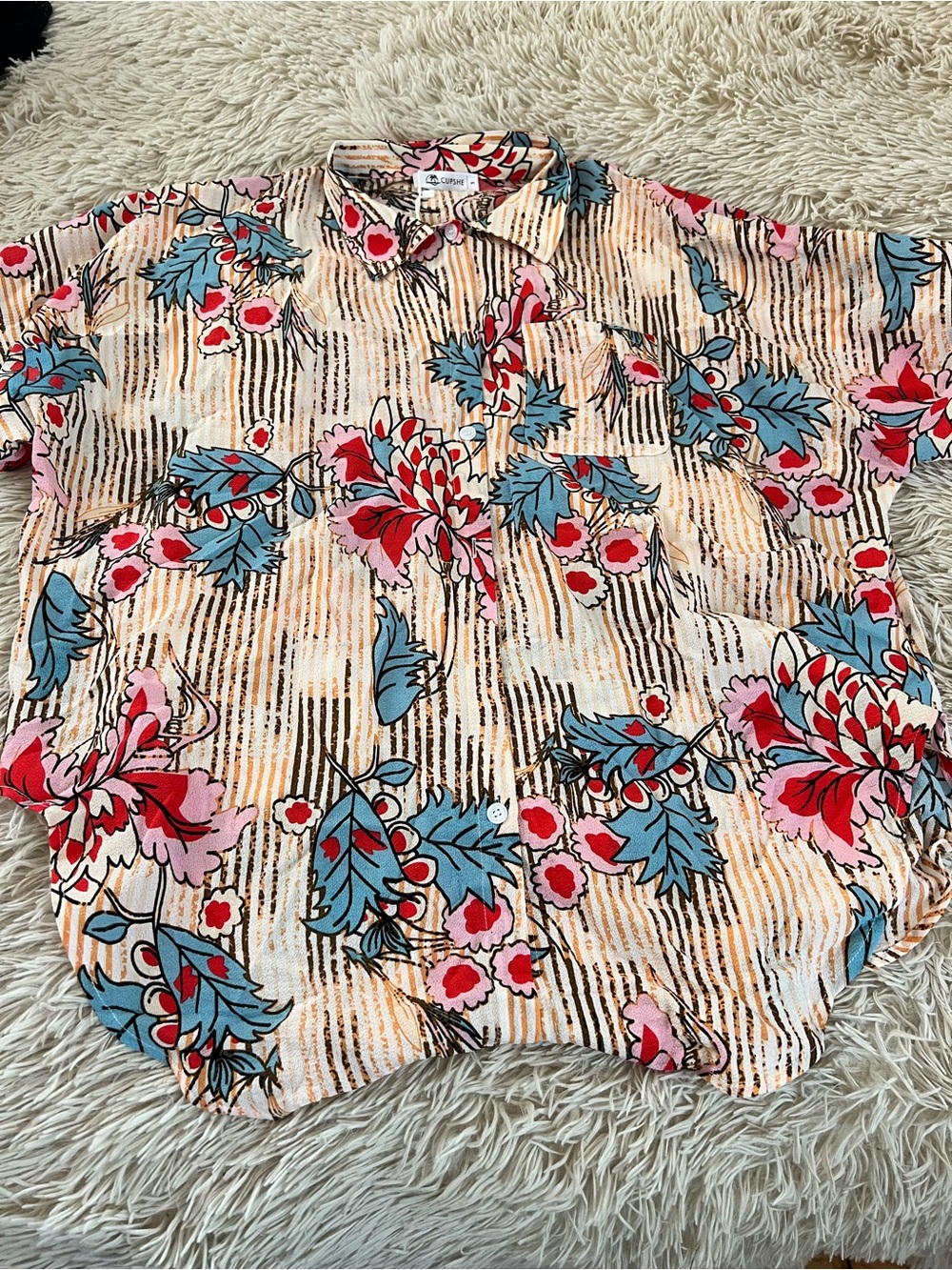 Cupshe Peach Floral Button-Down Shirt with Blue Leaves